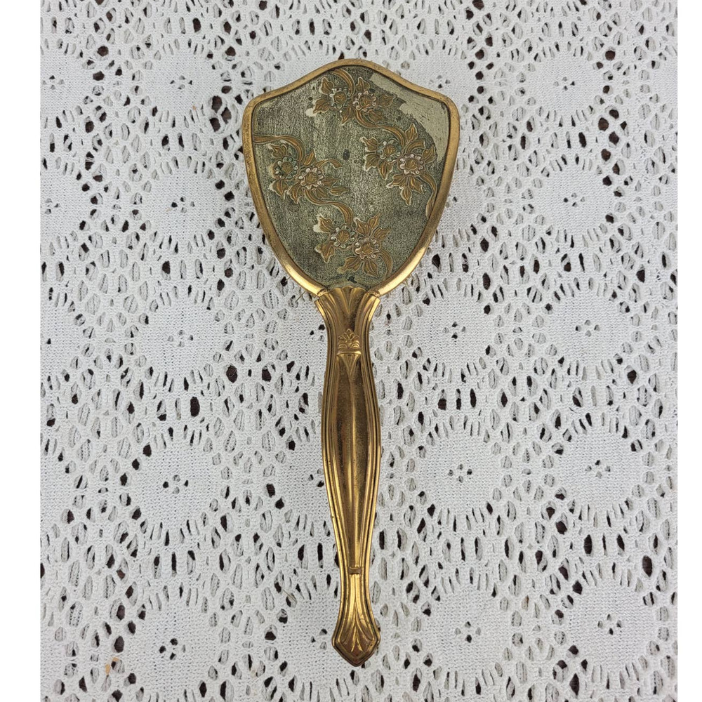 Vintage 1950s Gold Plated Floral Flowers Vanity Set Hair Brush